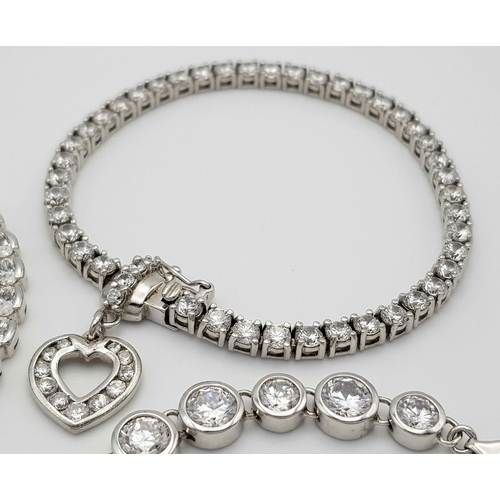 408 - Three Elegant Solid Silver 925 Tennis Bracelets, with Sparkling White Stones (possibly Cubic Zirconi... 