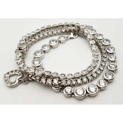 408 - Three Elegant Solid Silver 925 Tennis Bracelets, with Sparkling White Stones (possibly Cubic Zirconi... 