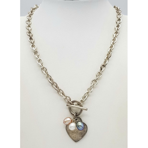 422 - An Attractive Solid Silver 925 Necklace, Belcher Chain, T Bar, Heart and Pearls Pendant, 39.4 grams,... 