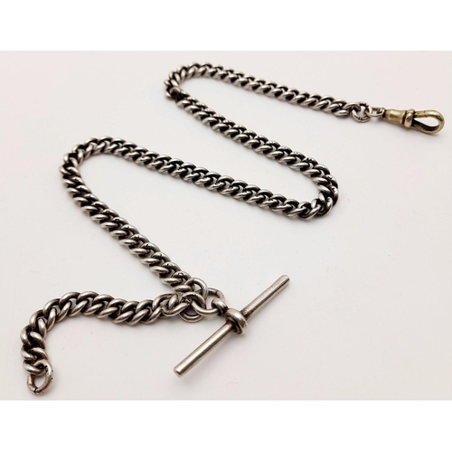 511 - Antique SILVER WATCH CHAIN with ‘T’ Bar and Silver fob Chain. Hallmark for Herbert Bushell and son B... 