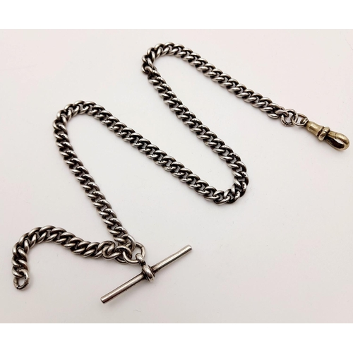 511 - Antique SILVER WATCH CHAIN with ‘T’ Bar and Silver fob Chain. Hallmark for Herbert Bushell and son B... 