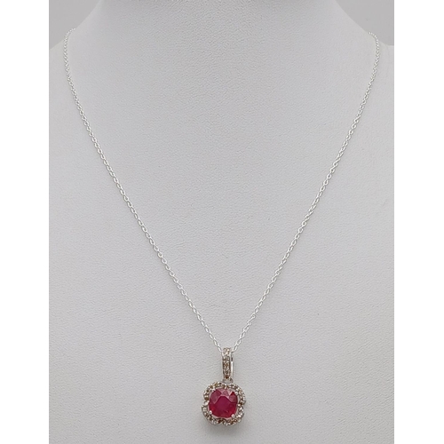 844 - A 3.5ct cushion Cut Ruby Pendant with 0.30ct of Diamond Accents. Set in 925 Silver. 2cm. Ref: CD-154... 