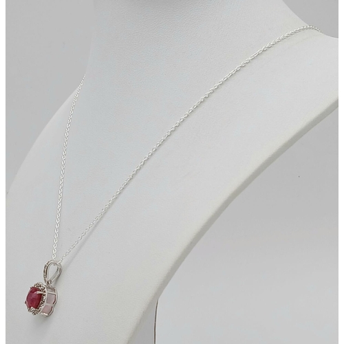 844 - A 3.5ct cushion Cut Ruby Pendant with 0.30ct of Diamond Accents. Set in 925 Silver. 2cm. Ref: CD-154... 