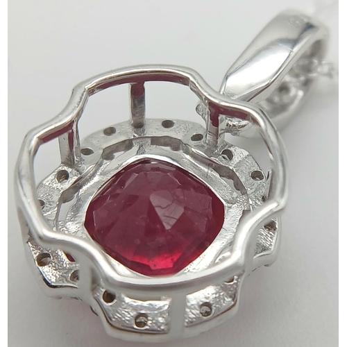 844 - A 3.5ct cushion Cut Ruby Pendant with 0.30ct of Diamond Accents. Set in 925 Silver. 2cm. Ref: CD-154... 