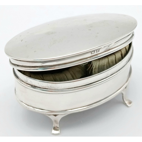 679 - Antique SILVER  RING/ TRINKET BOX. Oval shape standing on four legs with clear hallmark for Clark an... 