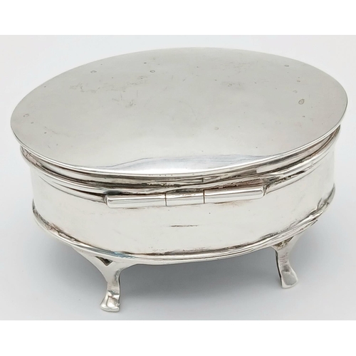 679 - Antique SILVER  RING/ TRINKET BOX. Oval shape standing on four legs with clear hallmark for Clark an... 