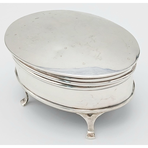 679 - Antique SILVER  RING/ TRINKET BOX. Oval shape standing on four legs with clear hallmark for Clark an... 