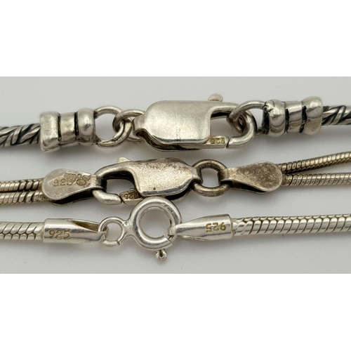 809 - Three Vintage Solid Silver 925 Snake Chain Necklaces, Total weight: 34 grams, 40 to 45 cm. In very g... 