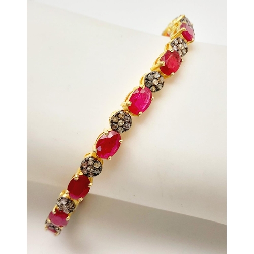 163 - An Oval Cut Ruby and Diamond Gemstone Tennis Bracelet. Set in 925 gilded Silver. Diamonds - approx 1... 