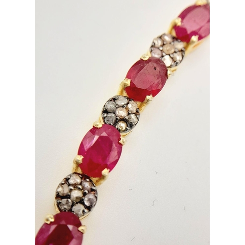 163 - An Oval Cut Ruby and Diamond Gemstone Tennis Bracelet. Set in 925 gilded Silver. Diamonds - approx 1... 