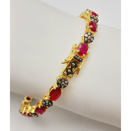 163 - An Oval Cut Ruby and Diamond Gemstone Tennis Bracelet. Set in 925 gilded Silver. Diamonds - approx 1... 