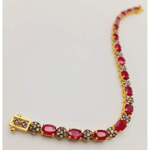 163 - An Oval Cut Ruby and Diamond Gemstone Tennis Bracelet. Set in 925 gilded Silver. Diamonds - approx 1... 