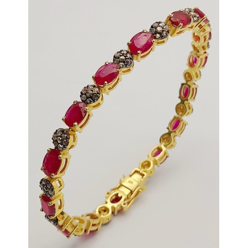 163 - An Oval Cut Ruby and Diamond Gemstone Tennis Bracelet. Set in 925 gilded Silver. Diamonds - approx 1... 