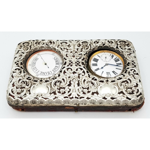 309 - An Antique Sterling Silver Watch and Barometer Case - With white metal watch and barometer. AS found... 