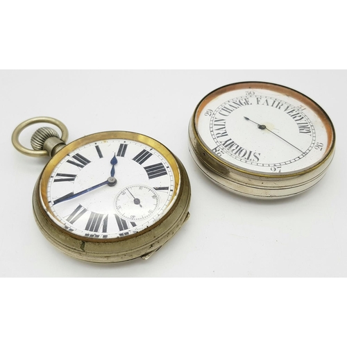 309 - An Antique Sterling Silver Watch and Barometer Case - With white metal watch and barometer. AS found... 