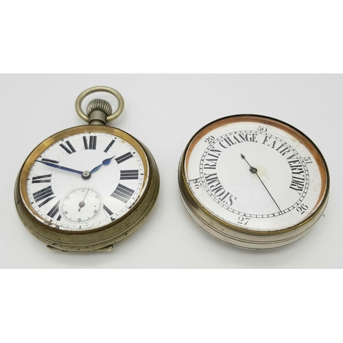 309 - An Antique Sterling Silver Watch and Barometer Case - With white metal watch and barometer. AS found... 