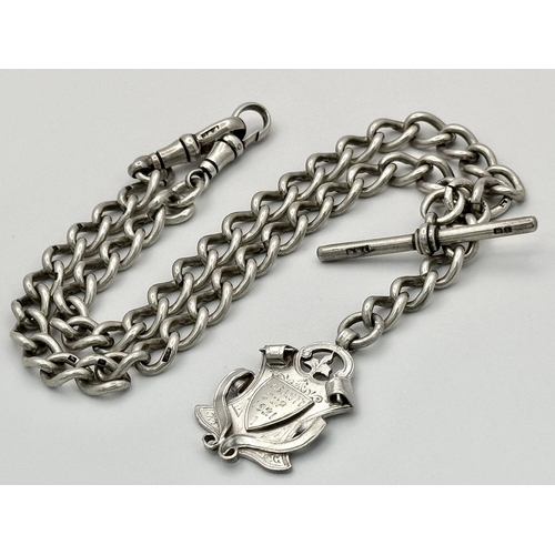 426 - An Antique Sterling Silver Double Albert Chain with Fob. 26cm. 48g