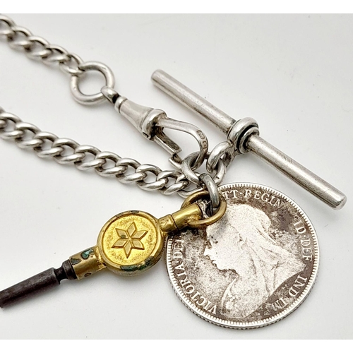 440 - A Sterling Silver Albert Chain with 1896 Coin Fob. 28cm. 29g