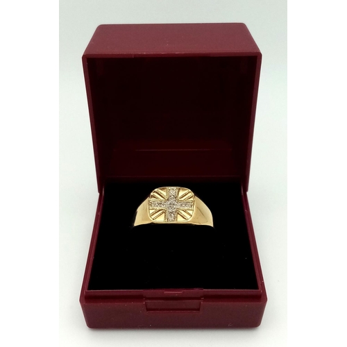 553 - Gentleman’s Hallmarked 9 CARAT GOLD and DIAMOND, UNION JACK SIGNET RING. Complete with ring box. 3.9... 