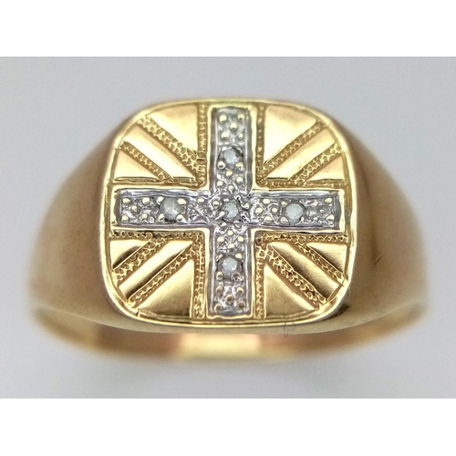 553 - Gentleman’s Hallmarked 9 CARAT GOLD and DIAMOND, UNION JACK SIGNET RING. Complete with ring box. 3.9... 