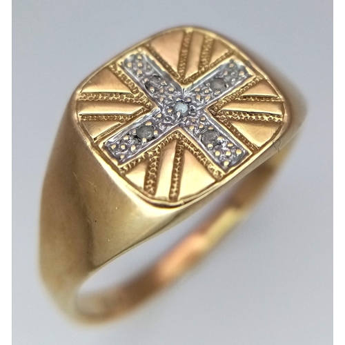 553 - Gentleman’s Hallmarked 9 CARAT GOLD and DIAMOND, UNION JACK SIGNET RING. Complete with ring box. 3.9... 