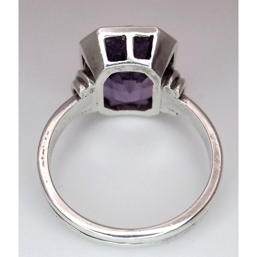 595 - Impressive Italian SILVER RING set with large (4 carat) Octagonal Cut AMETHYST . Complete with ring ... 