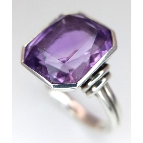 595 - Impressive Italian SILVER RING set with large (4 carat) Octagonal Cut AMETHYST . Complete with ring ... 