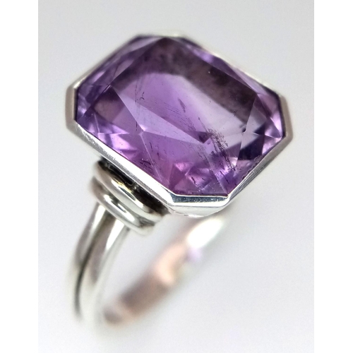 595 - Impressive Italian SILVER RING set with large (4 carat) Octagonal Cut AMETHYST . Complete with ring ... 