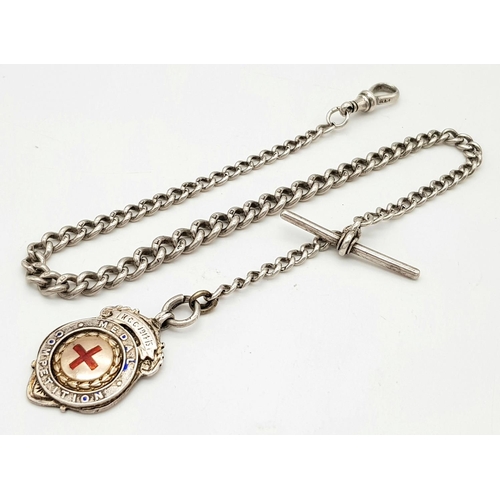 605 - An Antique Sterling Silver Albert Chain with Fob. 37cm length. Hallmarks for Birmingham 1863. 31g