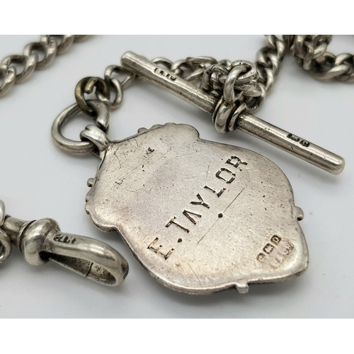 605 - An Antique Sterling Silver Albert Chain with Fob. 37cm length. Hallmarks for Birmingham 1863. 31g