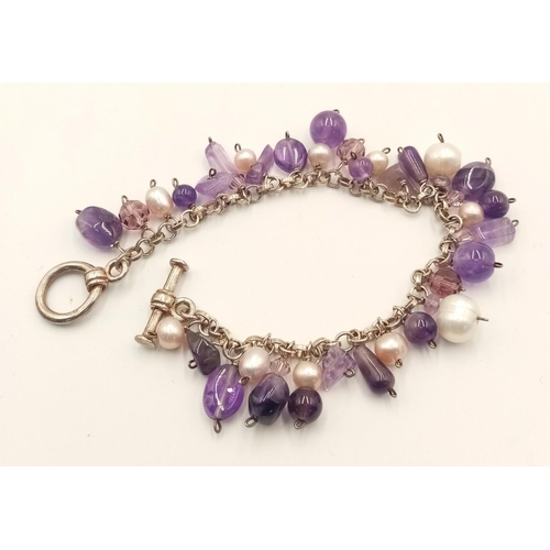 623 - Vintage gem set SILVER BRACELET consisting ROUGH CUT and POLISHED AMETHYSTS together with PEARLS mou... 