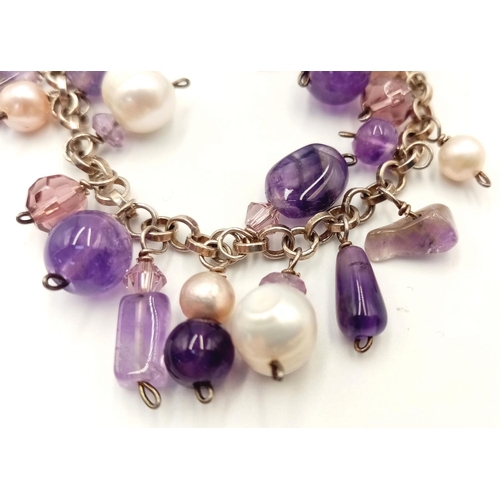 623 - Vintage gem set SILVER BRACELET consisting ROUGH CUT and POLISHED AMETHYSTS together with PEARLS mou... 