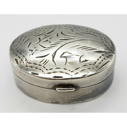 644 - Vintage SILVER PILL BOX. Oval shape with nicely decorated lid. Opens and closes perfectly. Excellent... 