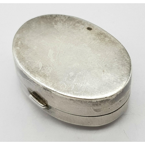 644 - Vintage SILVER PILL BOX. Oval shape with nicely decorated lid. Opens and closes perfectly. Excellent... 