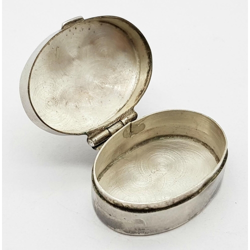 644 - Vintage SILVER PILL BOX. Oval shape with nicely decorated lid. Opens and closes perfectly. Excellent... 