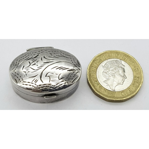 644 - Vintage SILVER PILL BOX. Oval shape with nicely decorated lid. Opens and closes perfectly. Excellent... 