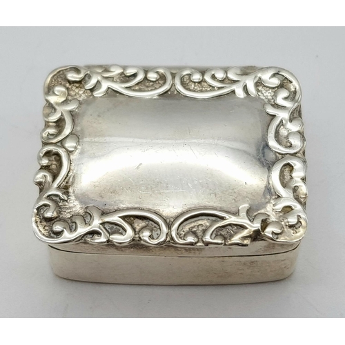 693 - Vintage SILVER PILL BOX with beautiful scroll border to top. Opens and closes perfectly. Full hallma... 