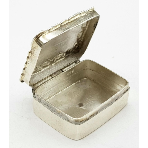 693 - Vintage SILVER PILL BOX with beautiful scroll border to top. Opens and closes perfectly. Full hallma... 