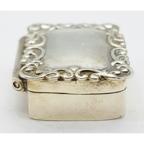 693 - Vintage SILVER PILL BOX with beautiful scroll border to top. Opens and closes perfectly. Full hallma... 