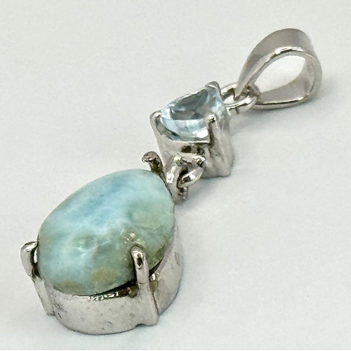 1559 - A 925 Silver Turquoises and Aquamarine Drop Pendant, Weight - 5g, size: 40mm x 11mm. Comes with box.... 