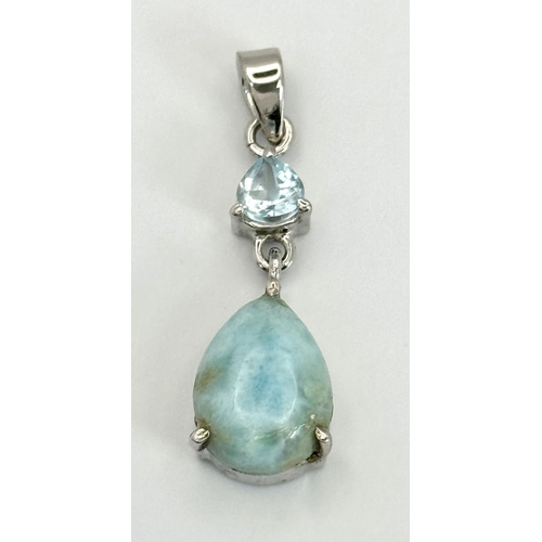 1559 - A 925 Silver Turquoises and Aquamarine Drop Pendant, Weight - 5g, size: 40mm x 11mm. Comes with box.... 