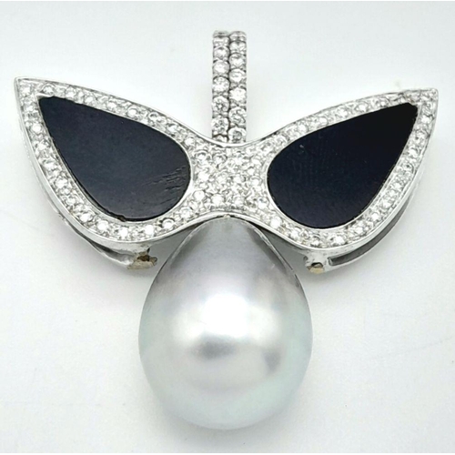 1180 - An Italian Hand-Made 18K White Gold, Diamond and Tahitian Pearl Pendant in a Dove Bird Form. Black o... 