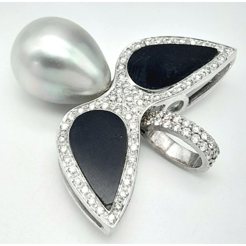 1180 - An Italian Hand-Made 18K White Gold, Diamond and Tahitian Pearl Pendant in a Dove Bird Form. Black o... 