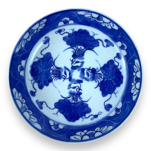 1254 - An antique Chinese Qing Dynasty Blue and White Duck and Lotus porcelain Tea Plate. Hand-painted desi... 