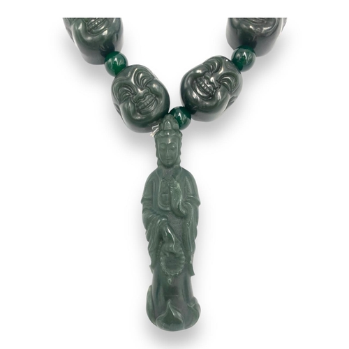 765 - A highly detailed antique Chinese Green Jade Buddha Necklace. Carved jade beads with Buddha laughing... 