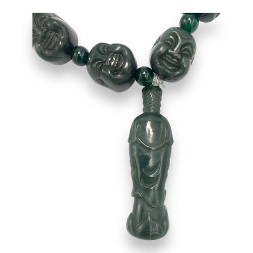 765 - A highly detailed antique Chinese Green Jade Buddha Necklace. Carved jade beads with Buddha laughing... 