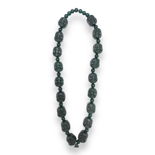 765 - A highly detailed antique Chinese Green Jade Buddha Necklace. Carved jade beads with Buddha laughing... 