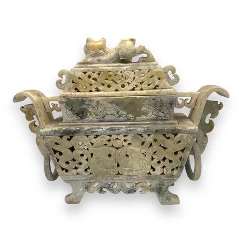 888 - An antique Chinese hard Stone Incense Burner. Highly detailed hand carved dragon and cloud motifs, f... 