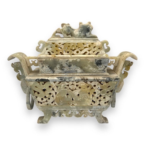 888 - An antique Chinese hard Stone Incense Burner. Highly detailed hand carved dragon and cloud motifs, f... 