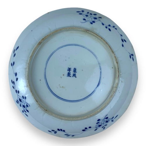 923 - An antique Chinese Kangxi Blue and White Porcelain Plate. Hand-painted cobalt blue floral and fish m... 